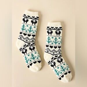 Anthropologie Cozy Sherpa Socks Black Green Cream Sheep Heart Gifts One Size New